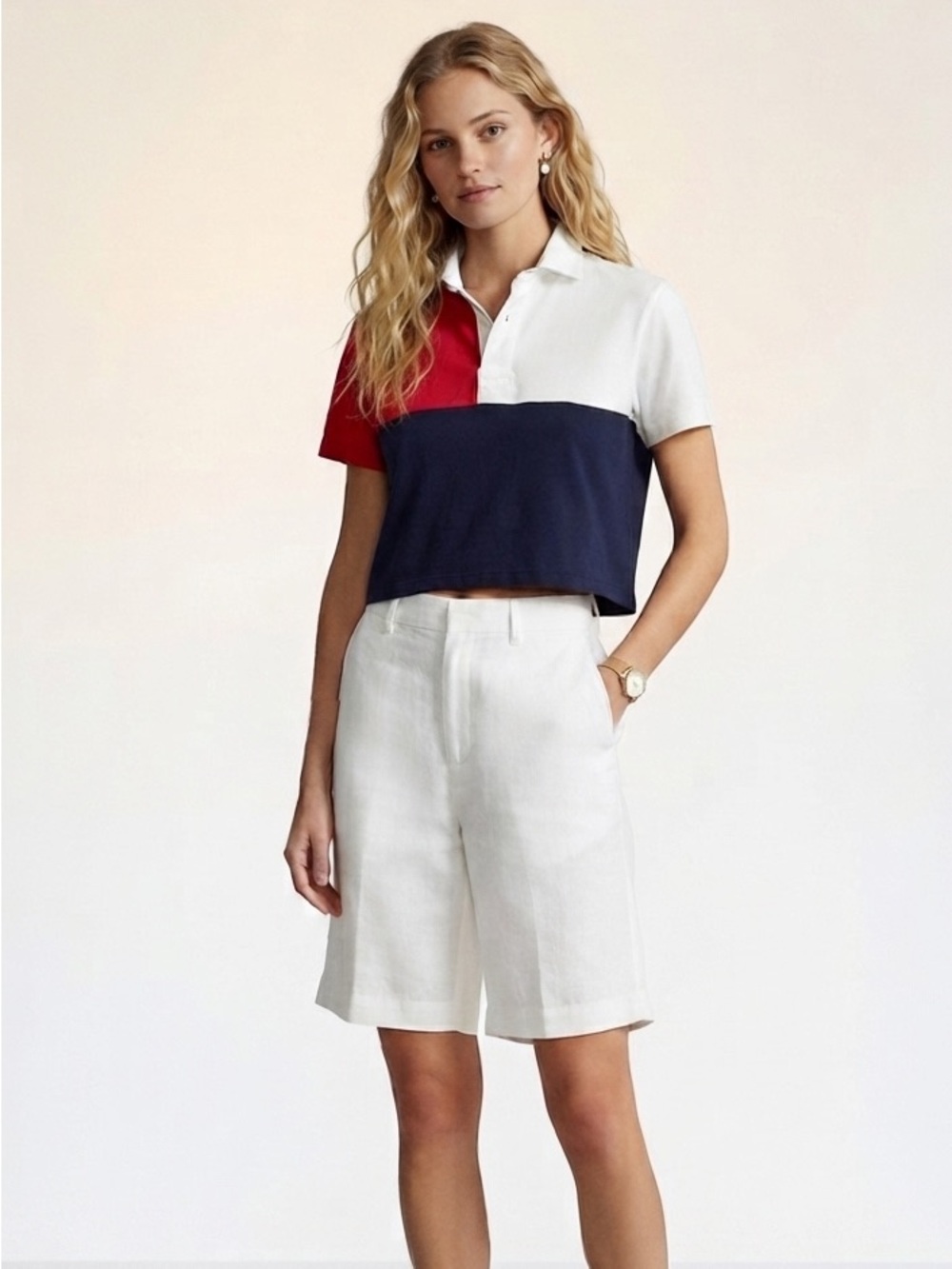 New Garage Preppy Cropped Polo Crop Top Red, White & Navy Size Extra Small